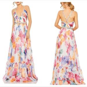 Mac Duggal 2219 Plunge Neck Embellished A Line Floral Print Gown | Size 12